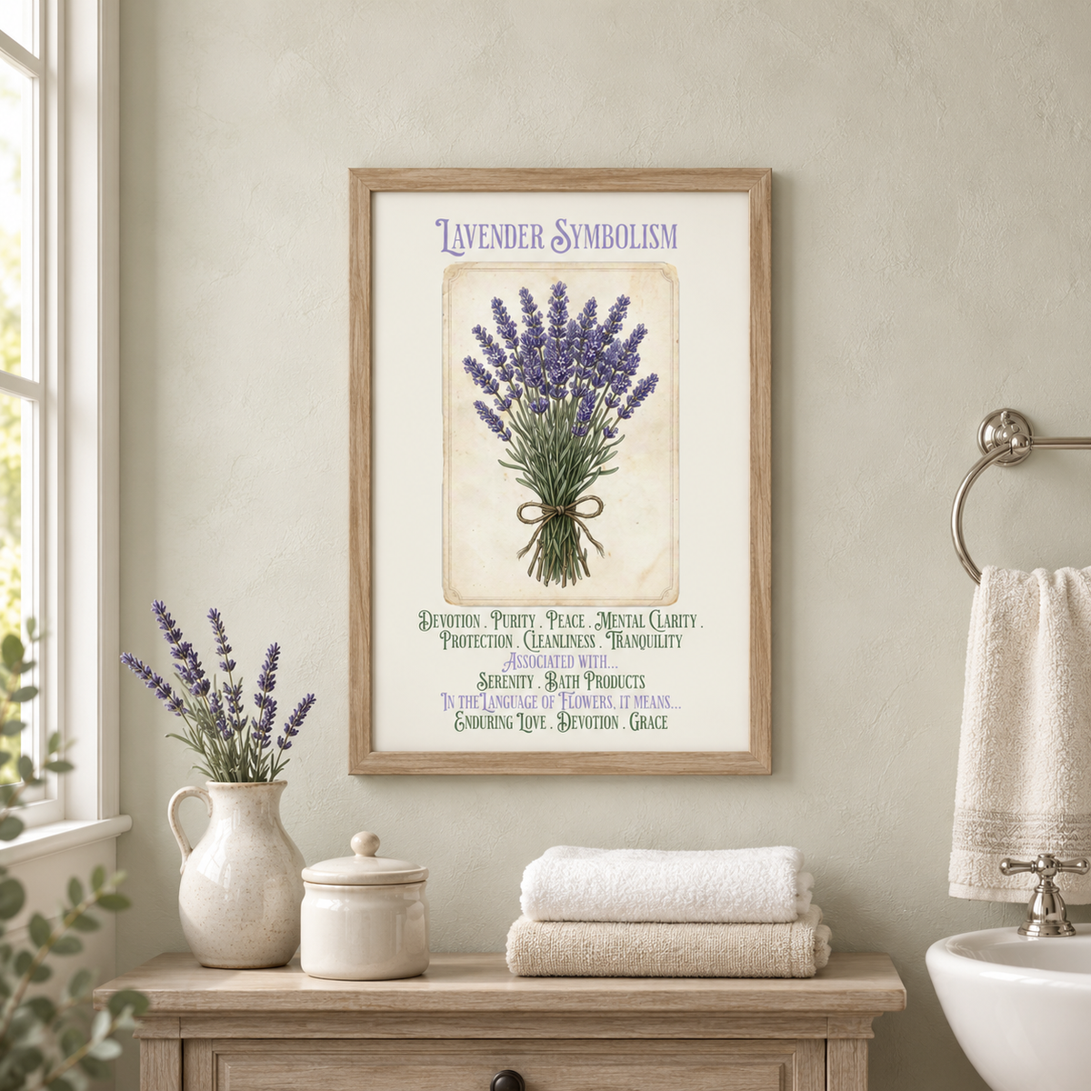 A framed art print titled 'Lavender Symbolism' featuring a vintage-style illustration of lavender flowers, hung on a sage green bathroom wall above a wooden vanity with towels, a ceramic box, and a vase of lavender. A sink and hanging towel are nearby.