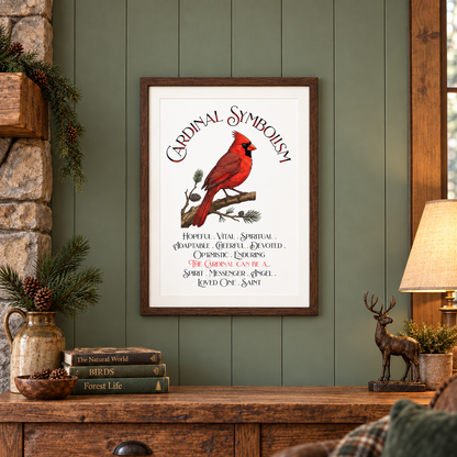 A framed art print featuring a cardinal symbolism design with a red cardinal on a branch and text below, displayed on a rustic wooden wall in a cozy room setting with a stone hearth, lamp, and books.
