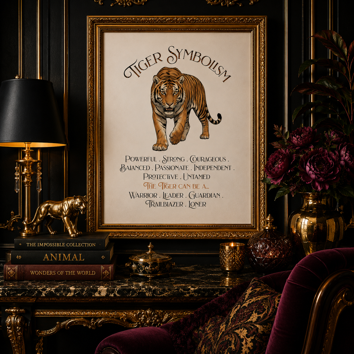 A framed tiger symbolism art print hangs on a dark wall above an ornate console table. The print features a detailed tiger illustration with text about its qualities, surrounded by a gold frame.