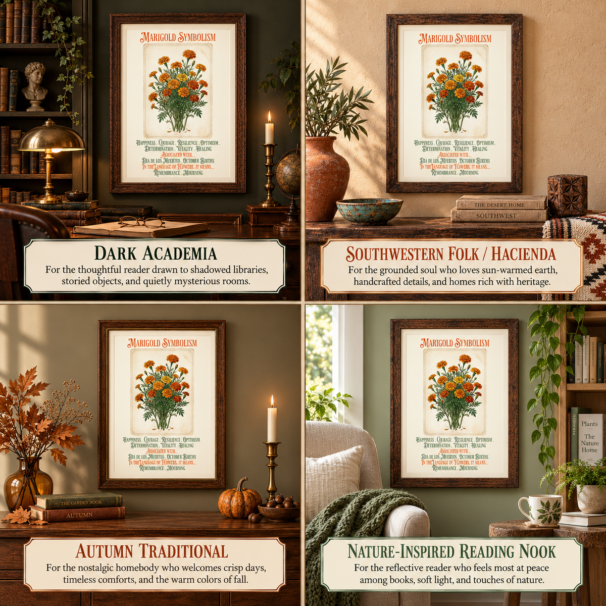 A four-panel collage showing marigold symbolism art prints styled in different cozy reading-room and home decor settings. The panels are labeled 'Dark Academia,' 'Southwestern Folk / Hacienda,' 'Autumn Traditional,' and 'Nature-Inspired Reading Nook.