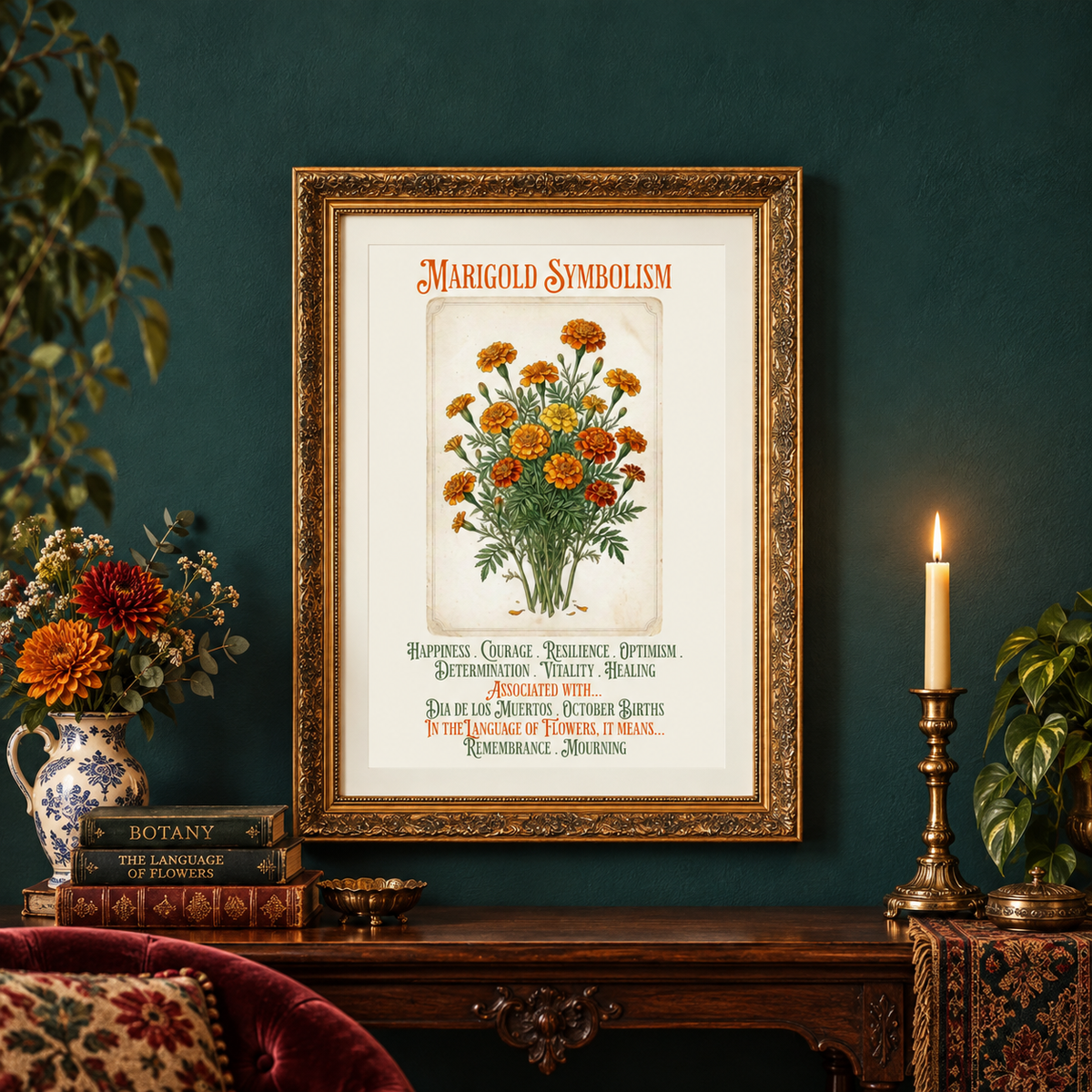 A framed vintage-style botanical art print titled 'Marigold Symbolism' hangs on a dark teal wall above a wooden console table decorated with a plant, books, a candle, and a vase of marigolds.