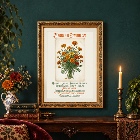 A framed vintage-style botanical art print titled 'Marigold Symbolism' hangs on a dark teal wall above a wooden console table decorated with a plant, books, a candle, and a vase of marigolds.