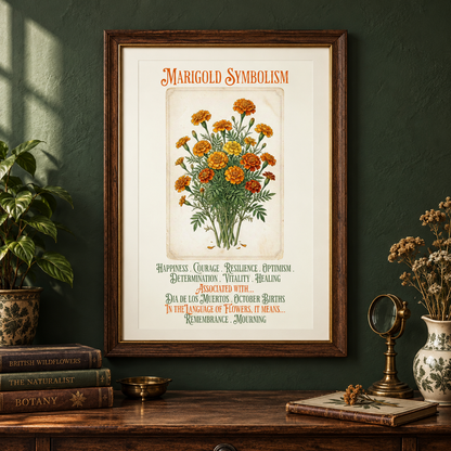 A framed vintage-style botanical art print titled 'Marigold Symbolism' hangs on a dark green wall above a wooden shelf with books, a plant, and dried flowers. The print features orange marigold flowers with green leaves and decorative text below.