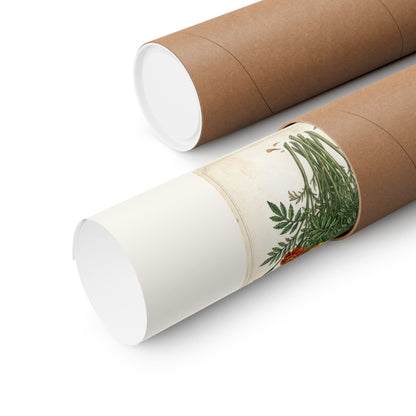 Two brown kraft paper mailing tubes on a clean white background, with one tube partially opened to reveal the marigold symbolism poster.