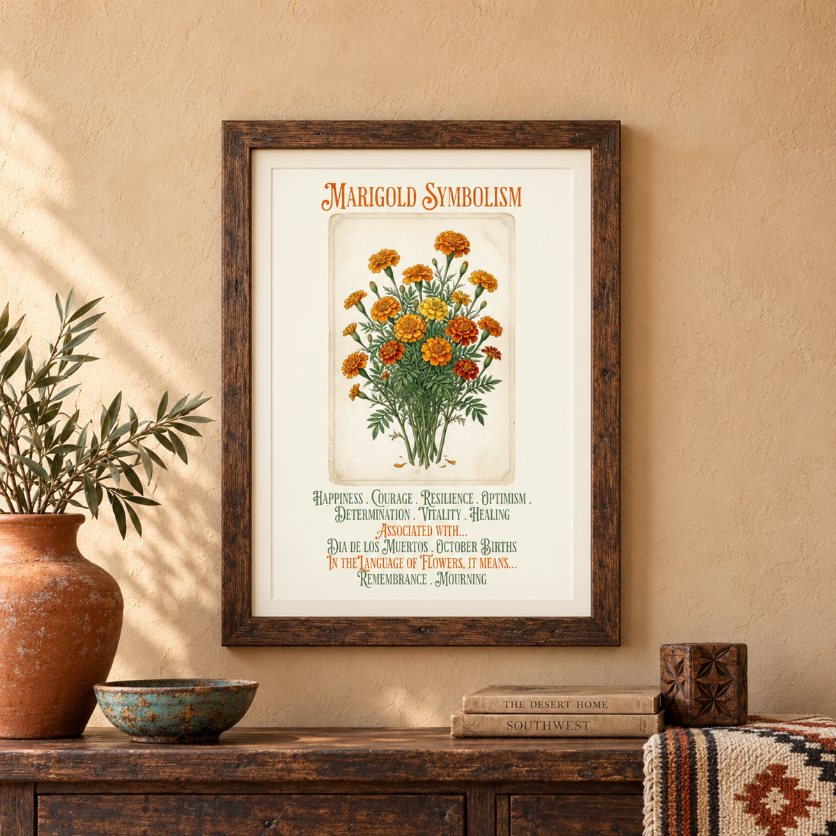 A framed art print titled 'Marigold Symbolism' featuring a vintage botanical illustration of orange and yellow marigold flowers, displayed on a warm beige wall above a rustic wooden console table with a potted plant and books.