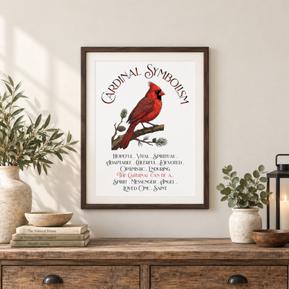 Framed 'Cardinal Symbolism' art print featuring a red cardinal perched on a branch with text beneath, displayed on a wooden console table in a styled room with plants and a lantern.
