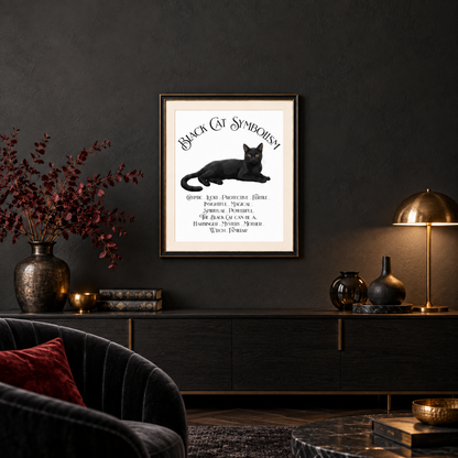 A framed 'Black Cat Symbolism' art print featuring a black cat illustration and text, displayed on a dark wall above a console table in a styled room setting. The dark gray table has a brass lamp, books, and jugs on it. There's a charcoal chair with a crimson pillow in front of a black marble table with a brass bowl and book on it.
