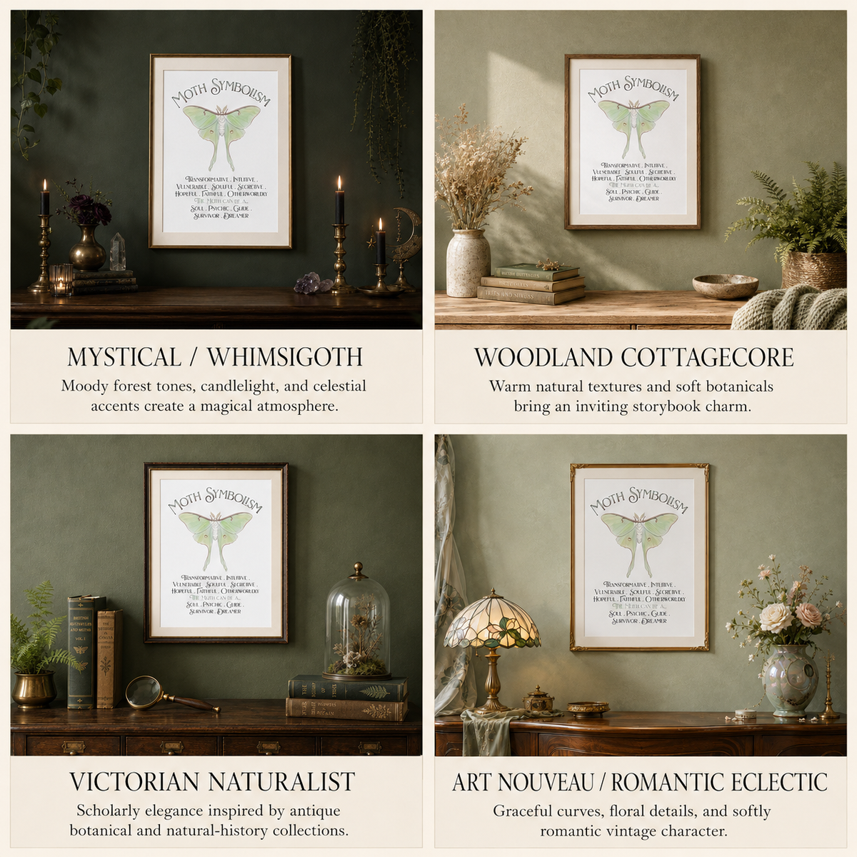 A four-panel collage showing the Moth Symbolism poster in different interior settings. The prints feature a white background with a luna moth illustration and text that describes the different home styles: 'Mystical / Whimsigoth', 'Woodland Cottagecore', 'Victorian Naturalist', and 'Art Nouveau / Romantic Eclectic'.