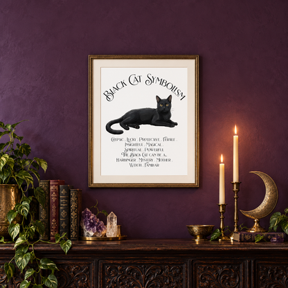 A framed black cat symbolism print hangs on a dark purple wall above a wooden console table decorated with candles, books, crystals, and a moon decoration.