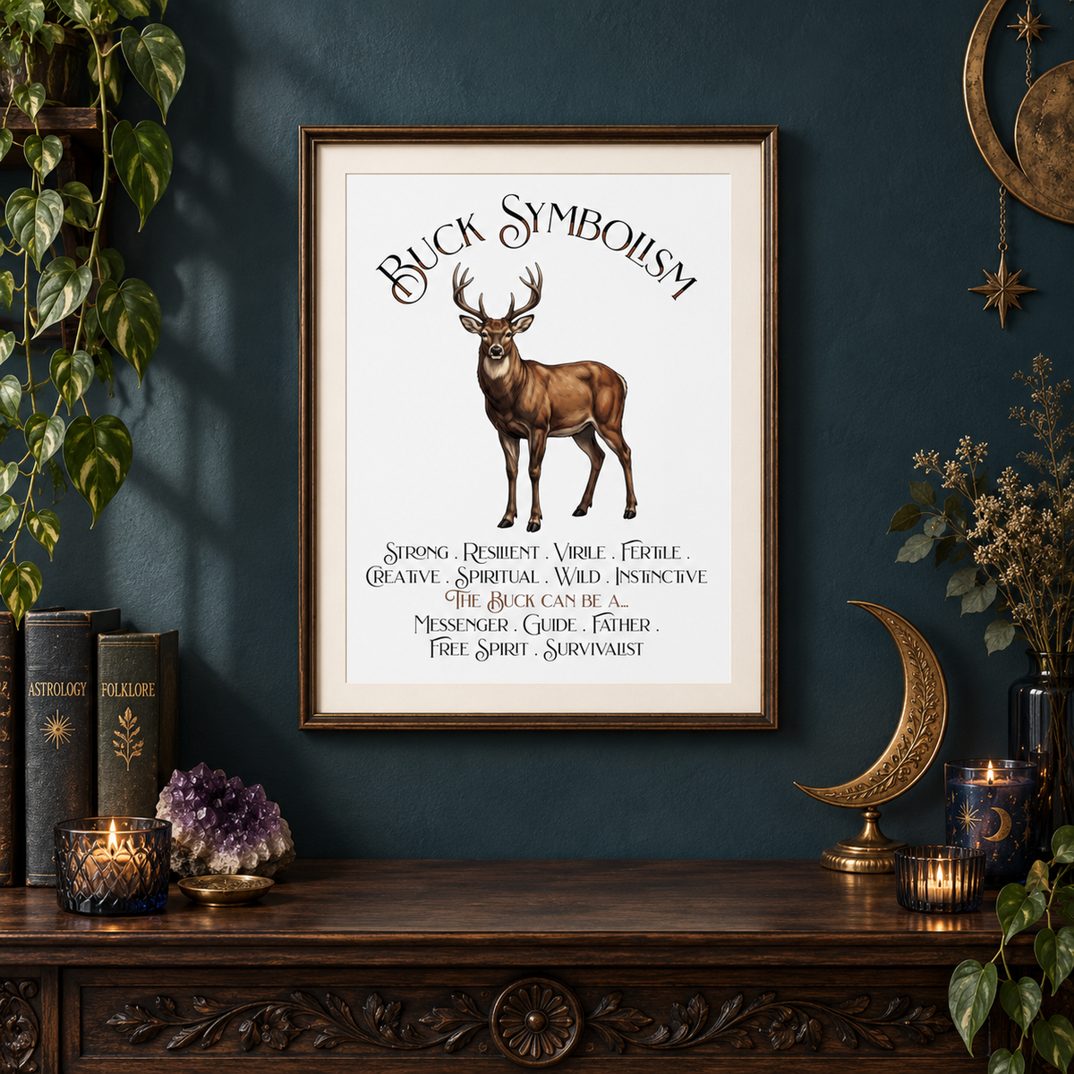 A framed art print featuring a brown buck deer and the text 'Buck Symbolism' with descriptive mystical text below, displayed on a dark teal wall above a wooden console table with dried flower, books, candles, moon decorations, and a crystal.