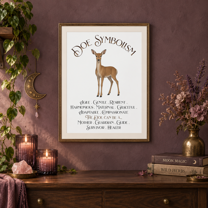 Framed wall art featuring a deer illustration and the text 'DOE SYMBOLISM' hanging on a mauve wall above a wooden console table with candles, a crystal, books, and dried flowers.