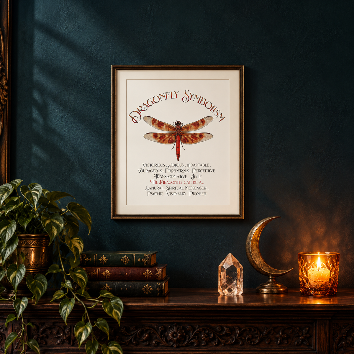 A framed art print titled 'Dragonfly Symbolism' featuring a detailed illustration of a dragonfly against a dark teal wall above a dark wooden mantelpiece with a plant, books, a crystal, a moon decoration, and a candle.