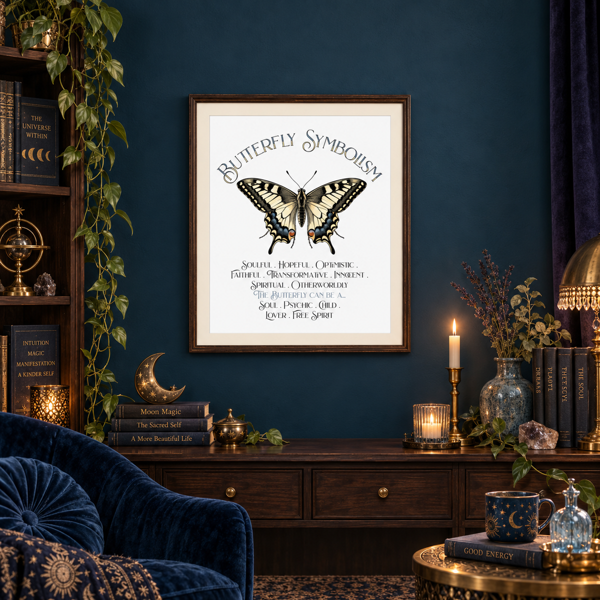 A framed art print featuring the 'Butterfly Symbolism' text and a central butterfly illustration, displayed on a dark blue wall in a styled room with a velvet armchair, books, moon decorations, and coffee mug, and candles.