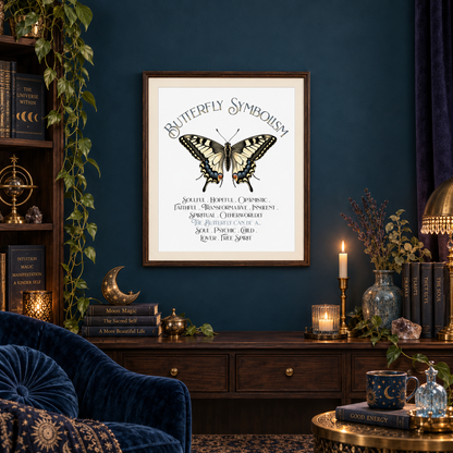 A framed art print featuring the 'Butterfly Symbolism' text and a central butterfly illustration, displayed on a dark blue wall in a styled room with a velvet armchair, books, moon decorations, and coffee mug, and candles.