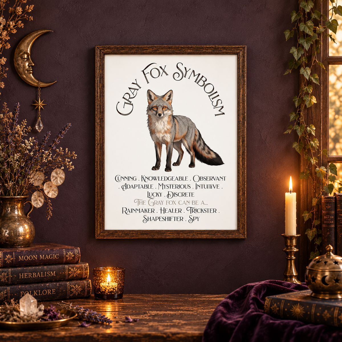 A framed art print featuring a gray fox illustration and the text 'Gray Fox Symbolism' is displayed on a dark purple wall in a cozy, styled room with candles, books, an incense burner, and dried flowers on a wood table.