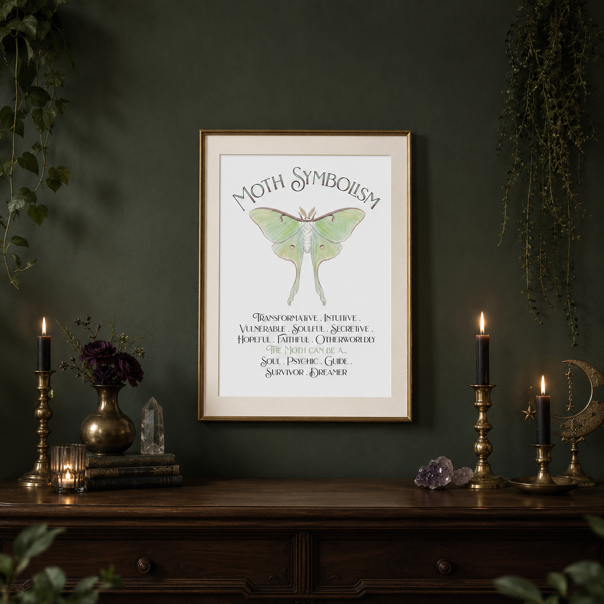 A framed art print titled 'Moth Symbolism' featuring a green luna moth illustration, styled on a dark wooden console table against a dark green wall with candles, crystals, and hanging plants.