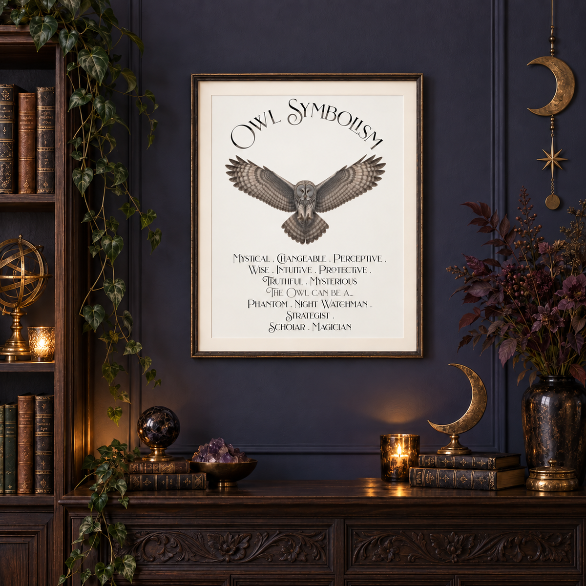 A framed art print titled 'Owl Symbolism' featuring a detailed gray owl illustration and a list of owl-associated qualities, displayed on a dark navy wall above a wooden mantel decorated with books, candles, and hanging moon ornaments.