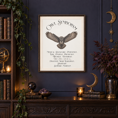 A framed art print titled 'Owl Symbolism' featuring a detailed gray owl illustration and a list of owl-associated qualities, displayed on a dark navy wall above a wooden mantel decorated with books, candles, and hanging moon ornaments.