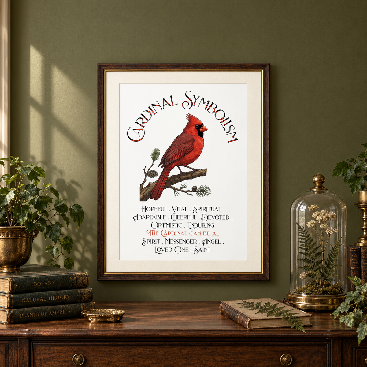 A framed art print featuring a red cardinal on a pine branch with the text 'Cardinal Symbolism' and meanings below, displayed above a wooden console table in a naturalist's room with books and plants.