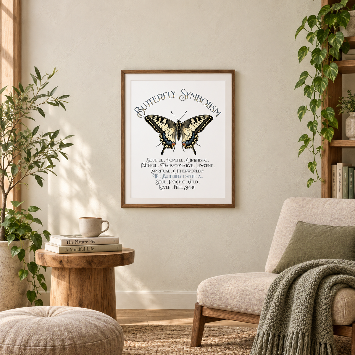 A framed butterfly symbolism art print hangs on a beige wall in a styled living room with a chair, bookshelf, side table with books and coffee mug, plants, and a throw blanket.