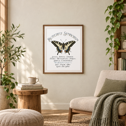 A framed butterfly symbolism art print hangs on a beige wall in a styled living room with a chair, bookshelf, side table with books and coffee mug, plants, and a throw blanket.
