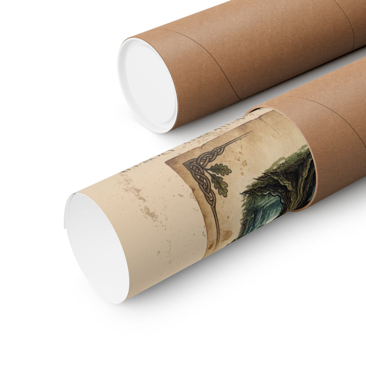 Two mailer tubes on a white background. One is open showing a rolled up poster.
