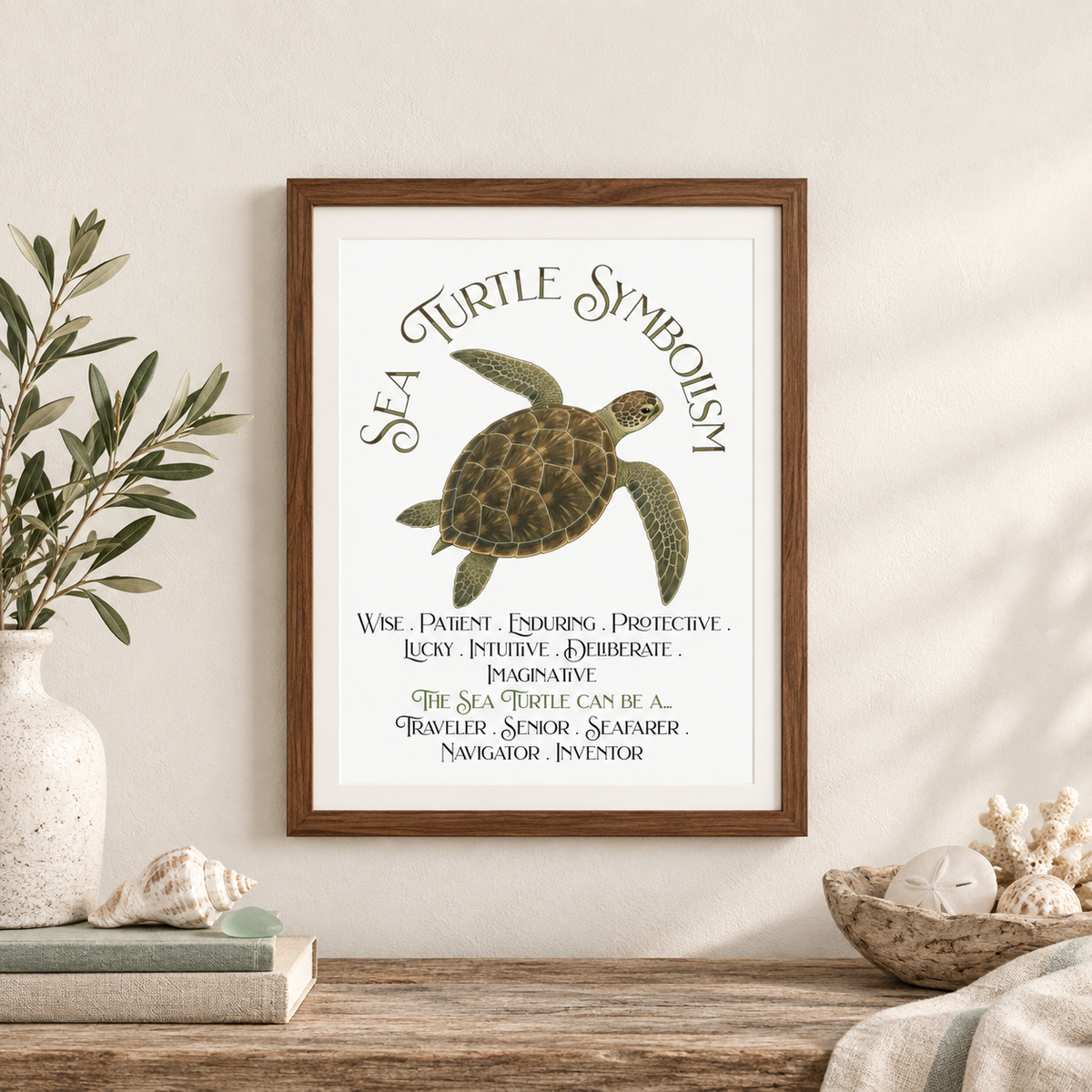 A framed art print featuring a sea turtle illustration and the words 'Sea Turtle Symbolism' on a white wall and above a wooden shelf that holds books, sea glass, a bowl of seashells, a towel, and a vase with greenery.