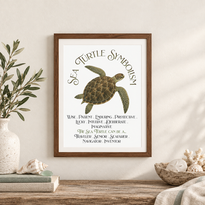 A framed art print featuring a sea turtle illustration and the words 'Sea Turtle Symbolism' on a white wall and above a wooden shelf that holds books, sea glass, a bowl of seashells, a towel, and a vase with greenery.