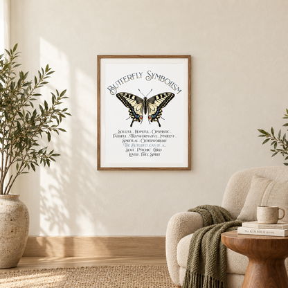 A framed butterfly symbolism art print hangs on a beige wall in a styled living room setting with a soft chair, side table, and potted plants.