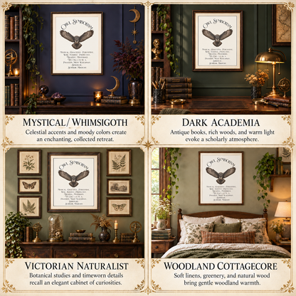 A four-panel collage showing framed owl artwork displayed in different interior room styles, with text labels for design themes: Mystical/Whimsigoth, Dark Academia, Victorian Naturalist, and Woodland Cottagecore.