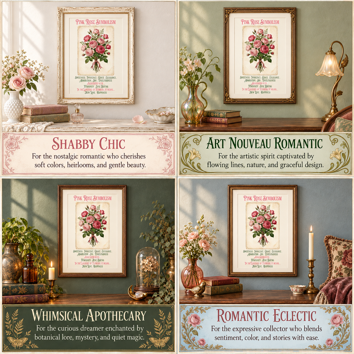 A 2x2 collage showing four framed Pink Rose Symbolism art prints in different decorative interior settings, with text labels describing styles: Shabby Chic, Art Nouveau Romantic, Whimsical Apothecary, and Romantic Eclectic.