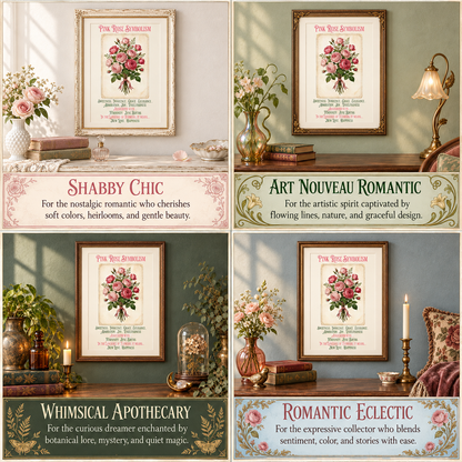 A 2x2 collage showing four framed Pink Rose Symbolism art prints in different decorative interior settings, with text labels describing styles: Shabby Chic, Art Nouveau Romantic, Whimsical Apothecary, and Romantic Eclectic.