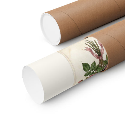 Two brown kraft paper mailing tubes on a white background, with one tube partially opened to show the Pink Rose Symbolism poster.