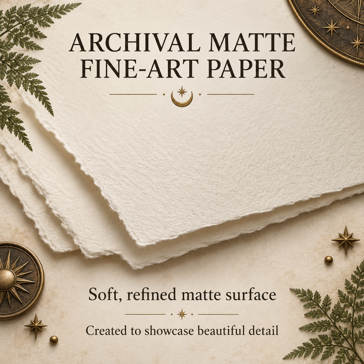 Archival matte fine-art paper sheets displayed on a styled beige background with decorative botanical leaves and brass-toned celestial props. Text reads: 'ARCHIVAL MATTE FINE-ART PAPER' and 'Soft, refined matte surface / Created to showcase beautiful detail'.