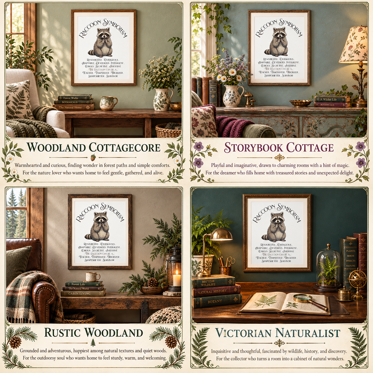 A four-panel collage showing framed raccoon symbolism art prints in different rustic interior settings. Each panel has decorative text including 'Woodland Cottagecore,' 'Storybook Cottage,' 'Rustic Woodland,' and 'Victorian Naturalist,' along with styled room decor like tables, plants, lamps, and chairs.