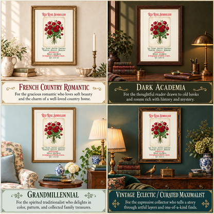 A 2x2 collage showing a framed vintage-style poster titled 'Red Rose Symbolism' in four different interior room settings, each with descriptive text banners below. The house styles are French Country Romantic, Dark Academia, Grandmillennial, and Vintage Eclectic/Curated Maximalist.