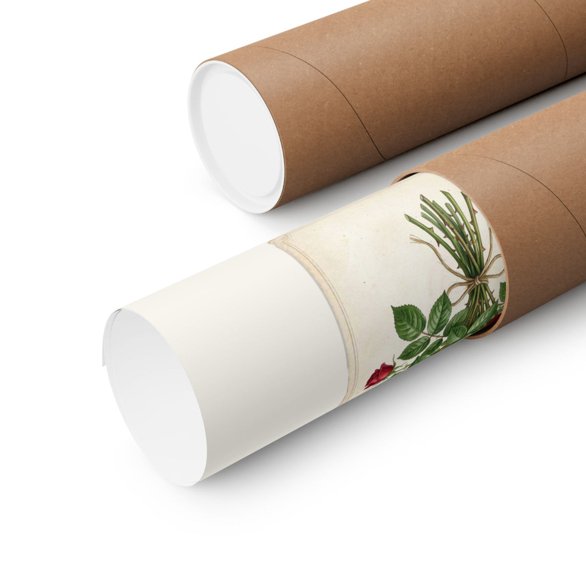 Two brown kraft paper mailers or gift tubes, one fully closed and the other partially opened to reveal a rolled up poster, set against a clean white background.
