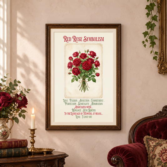 A framed art print featuring 'Red Rose Symbolism' with an illustration of red roses and a quote, displayed on a light pink wall in a styled room setting with a red velvet armchair, candle, a vase of roses, and books.