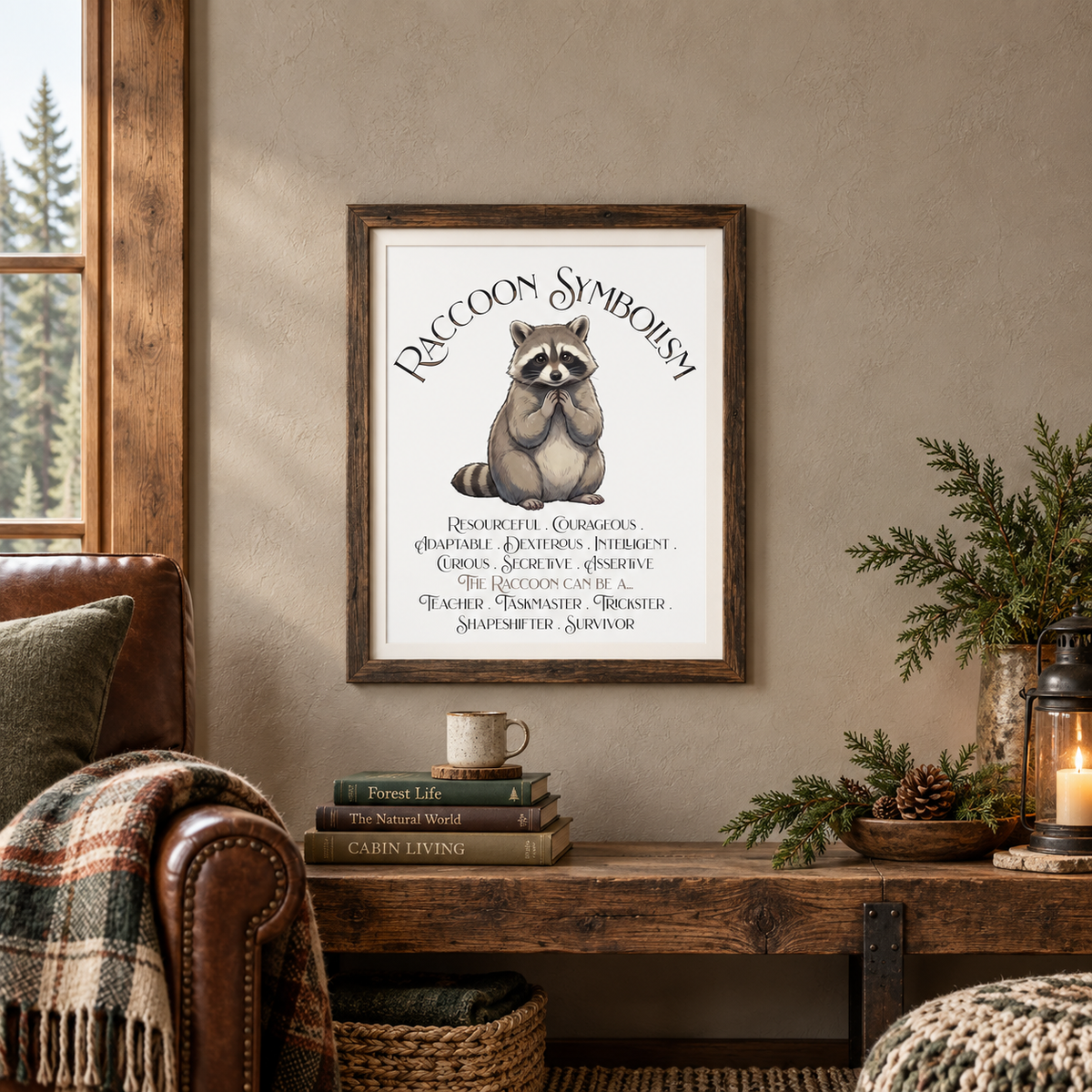 A framed wall art print featuring a raccoon illustration and the text 'Raccoon Symbolism' hangs on a beige wall above a rustic wooden table with books, a coffee mug, a lantern, and a bowl and jug full of pine branches and pinecones in a cozy cabin living room.