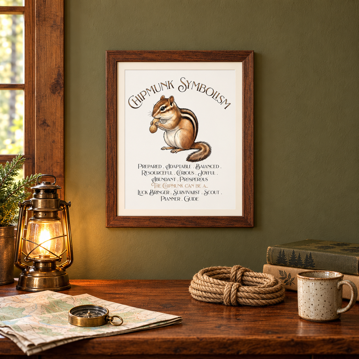 A framed art print titled 'Chipmunk Symbolism' featuring an illustration of a chipmunk, styled on a dark olive green wall above a rustic wooden table with a lantern, map, rope, compass, and mug.