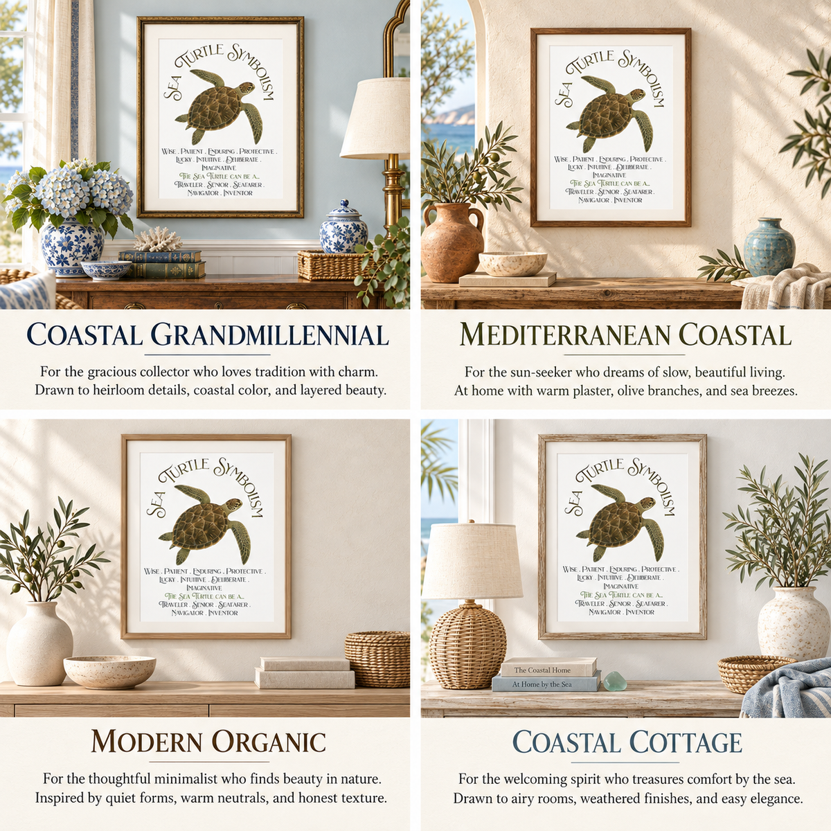 A 2x2 collage showing four framed sea turtle symbolism prints styled in different home interiors, with labels for Coastal Grandmillennial, Mediterranean Coastal, Modern Organic, and Coastal Cottage.