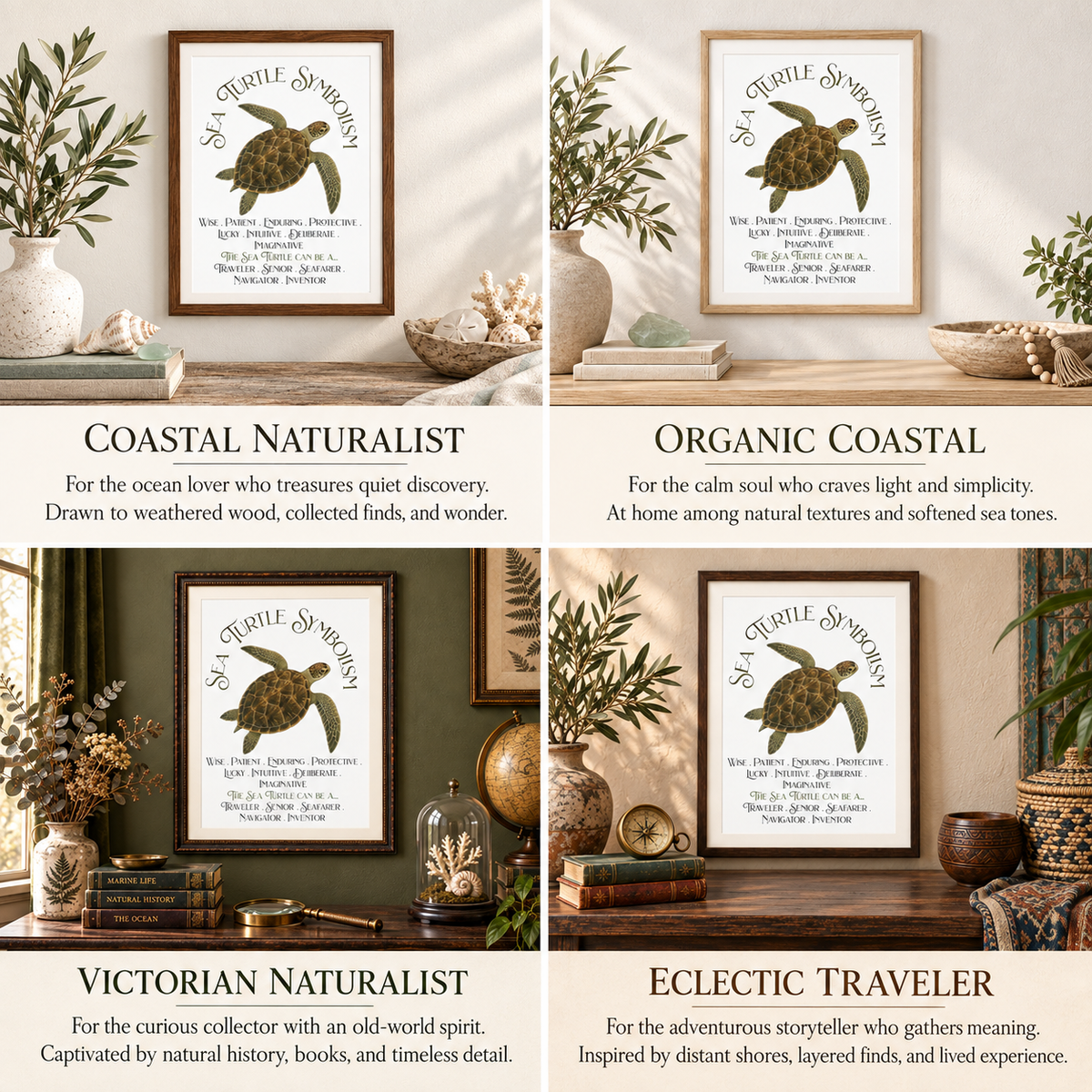 A four-panel collage showing framed 'Sea Turtle Symbolism' wall art in different styled interior settings, labeled Coastal Naturalist, Organic Coastal, Victorian Naturalist, and Eclectic Traveler.