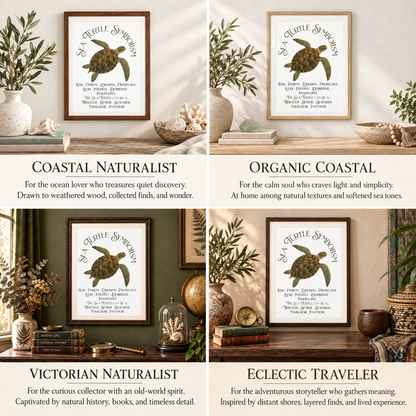 A four-panel collage showing framed 'Sea Turtle Symbolism' wall art in different styled interior settings, labeled Coastal Naturalist, Organic Coastal, Victorian Naturalist, and Eclectic Traveler.