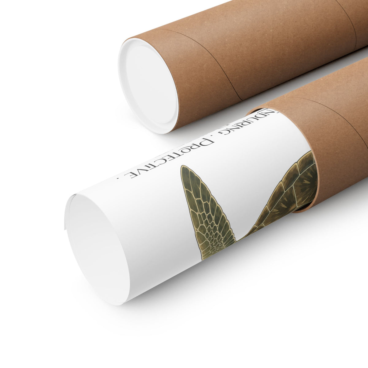 Two brown kraft paper mailers or protective tubes, one opened to reveal a rolled up poster.
