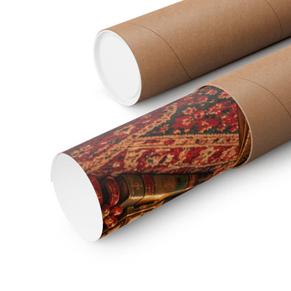 Two cardboard shipping tubes, one opened showing a rolled up poster, on a white background.