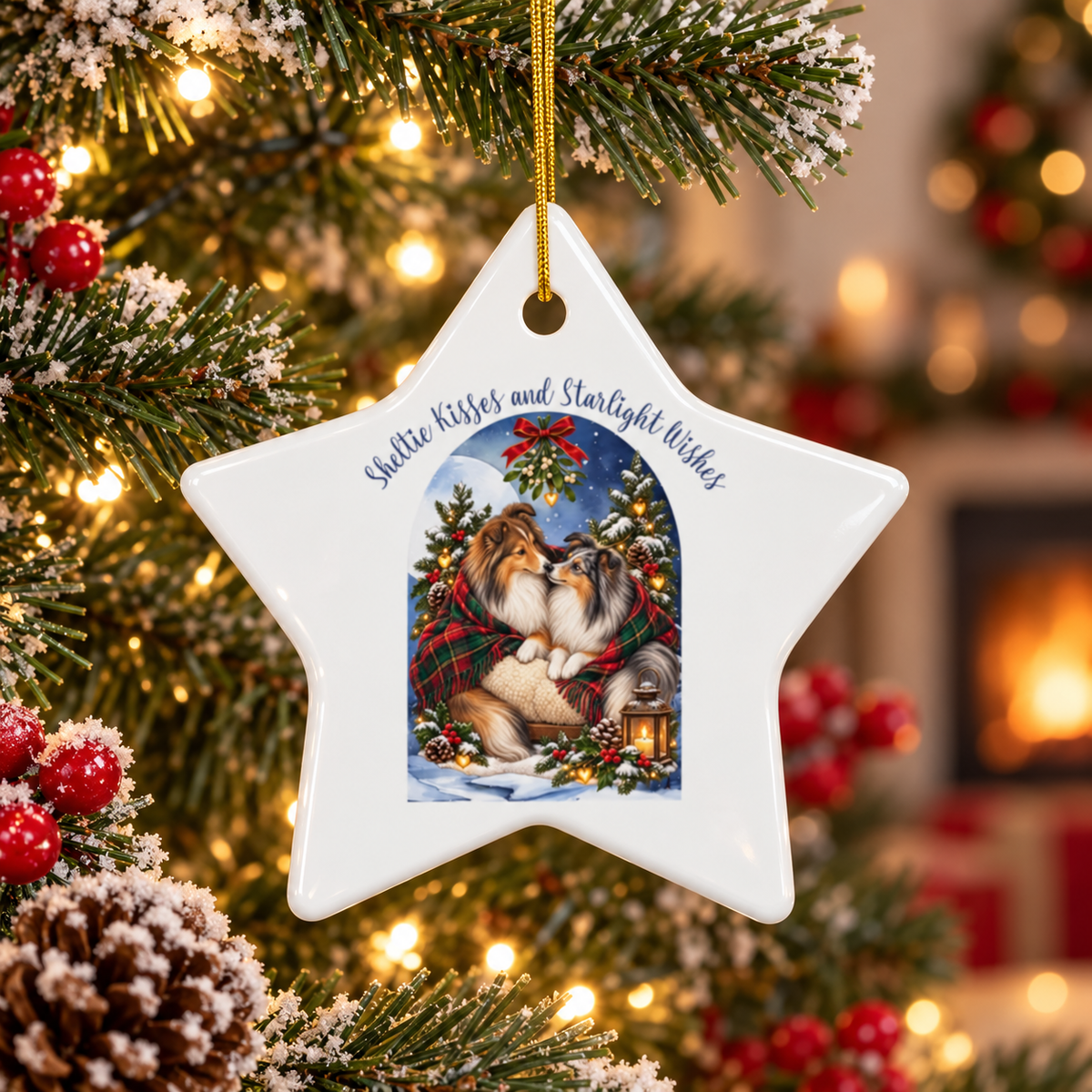 A white star-shaped Christmas ornament hanging from a gold string on a decorated Christmas tree. The ornament features an illustration of two shelties in a holiday scene with the text 'Sheltie Kisses and Starlight Wishes' above them.