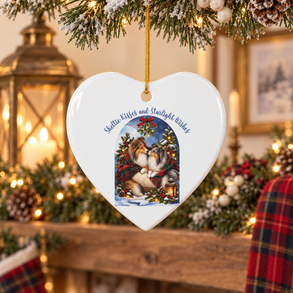 A heart-shaped white ceramic Christmas ornament hanging from a tree branch, featuring a printed illustration of two Sheltie dogs in a festive winter scene with the text 'Sheltie Kisses and Starlight Wishes'. The background shows a blurred holiday setting with a moon, lights, candles, and plaid fabric.