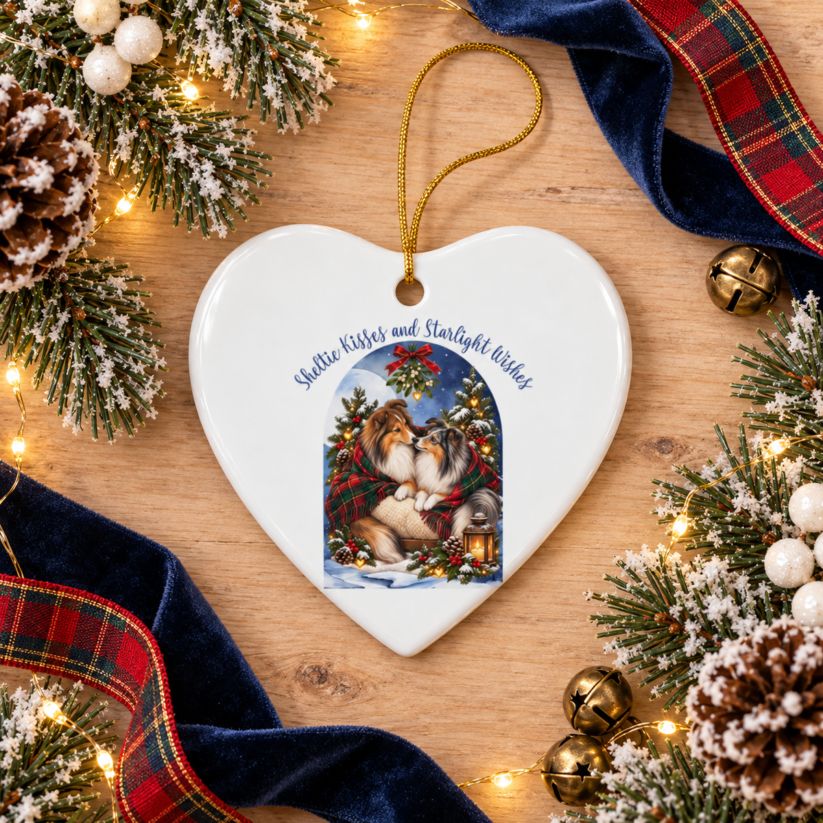 A heart-shaped white ceramic Christmas ornament with a gold hanging loop, featuring a printed illustration of two Shelties in a holiday scene and the text 'Sheltie Kisses and Startlight Wishes.' The ornament is styled on a wooden surface with pine branches, snow-dusted pinecones, gold bells, and red plaid ribbon.