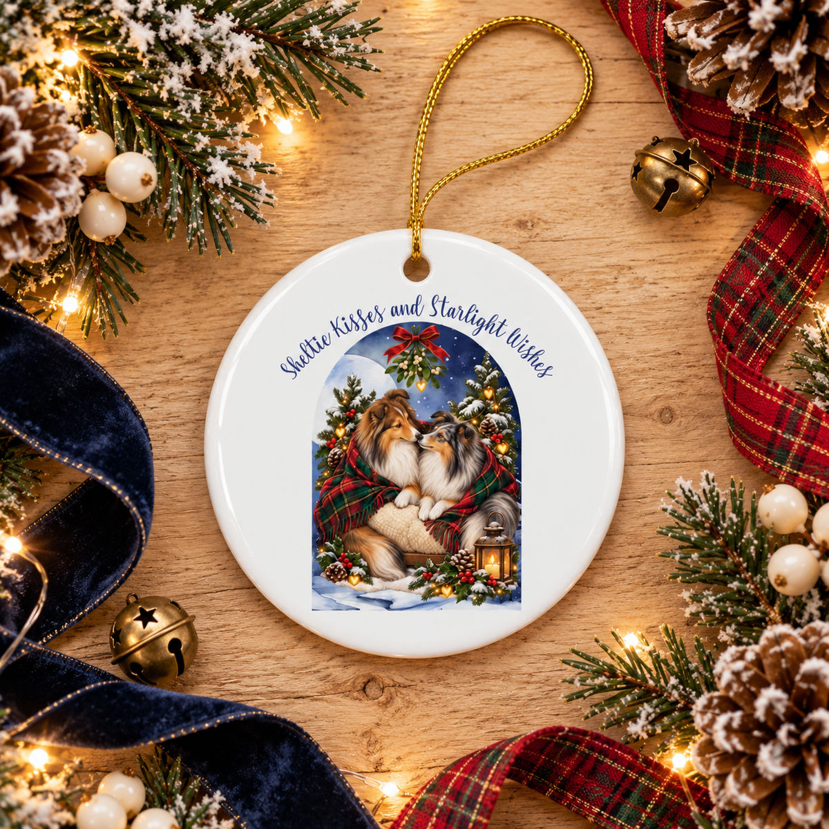 A round white ceramic Christmas ornament with a gold hanging loop, featuring an illustration of two Shelties under a starry night sky with the text 'Sheltie Kisses and Starlight Wishes.' The ornament is photographed on a wooden surface surrounded by holiday decorations including pine branches, lights, bells, ribbon, and pinecones.