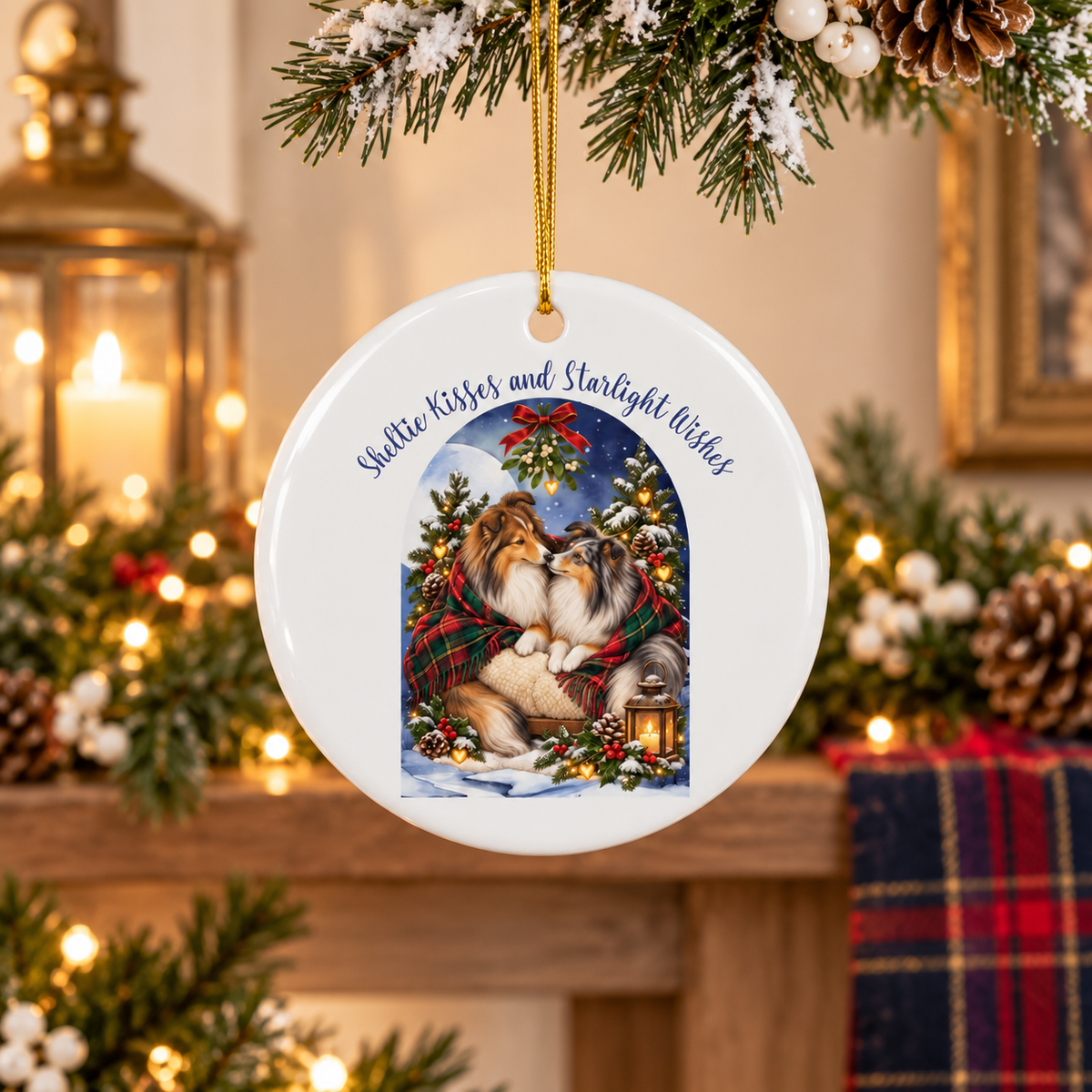 A round white ceramic Christmas ornament hanging from a gold string on a decorated Christmas tree branch. The ornament features an illustration of two Shelties in a snowy holiday scene with the text 'Sheltie Kisses and Starlight Wishes' arched above them.